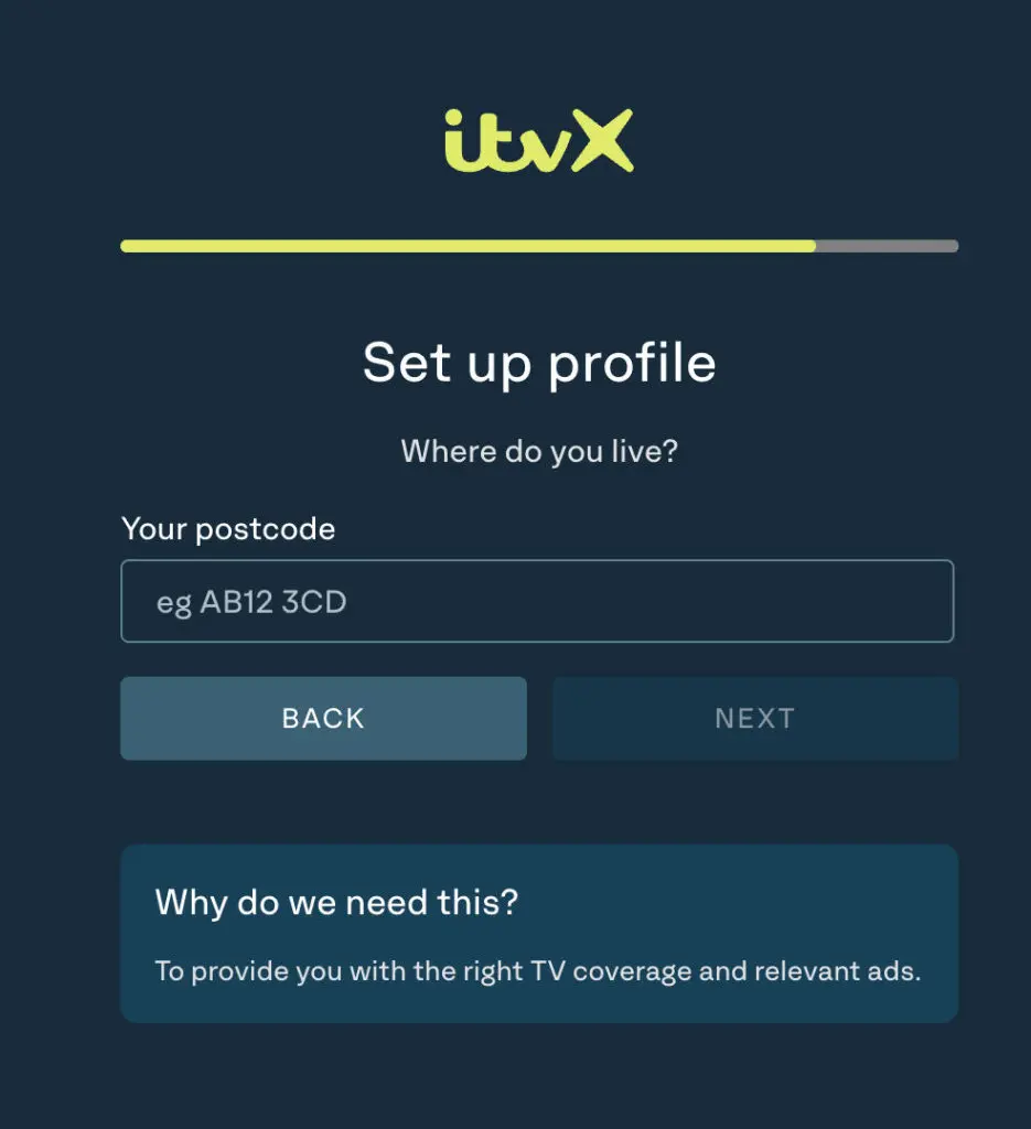 Entering postal code to sign up and watch ITVX 
