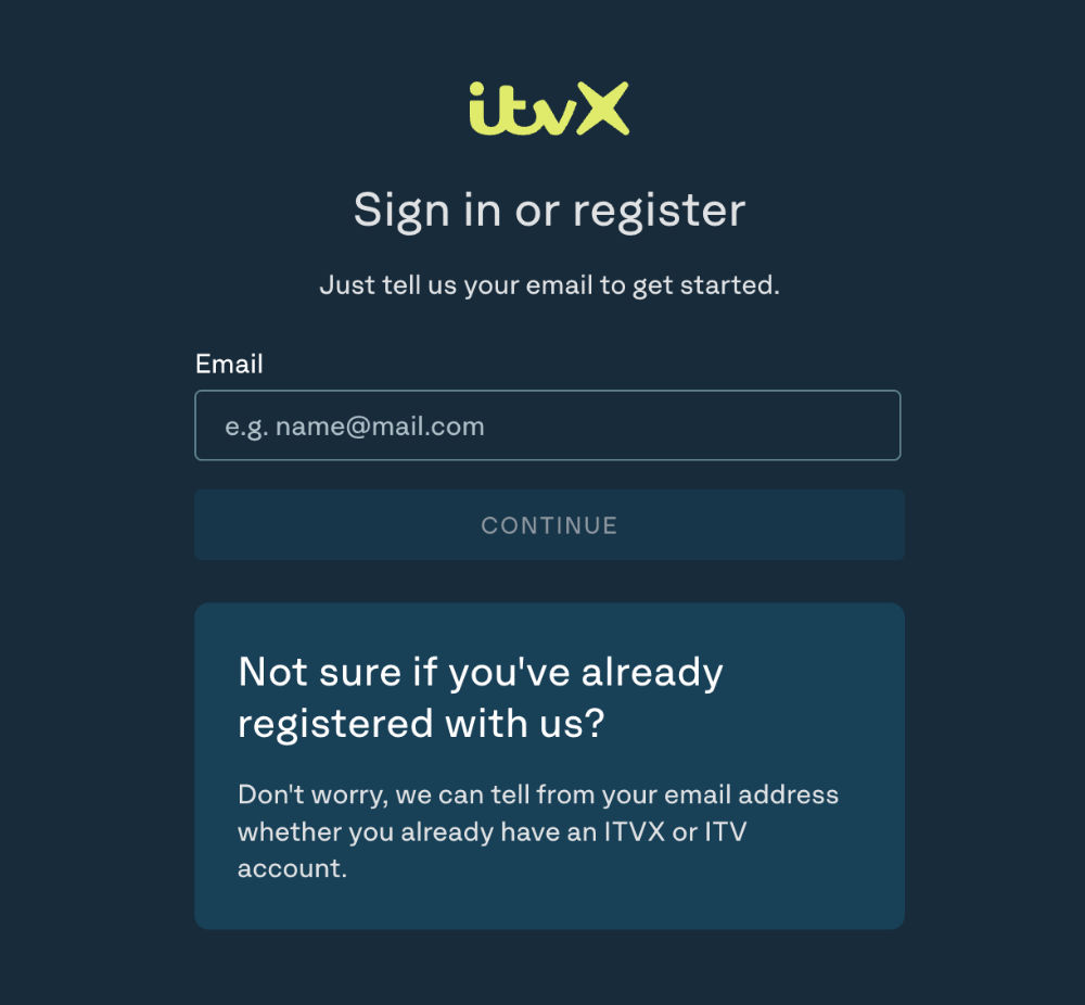 Entering your email address to sign up for ITVX in Canada