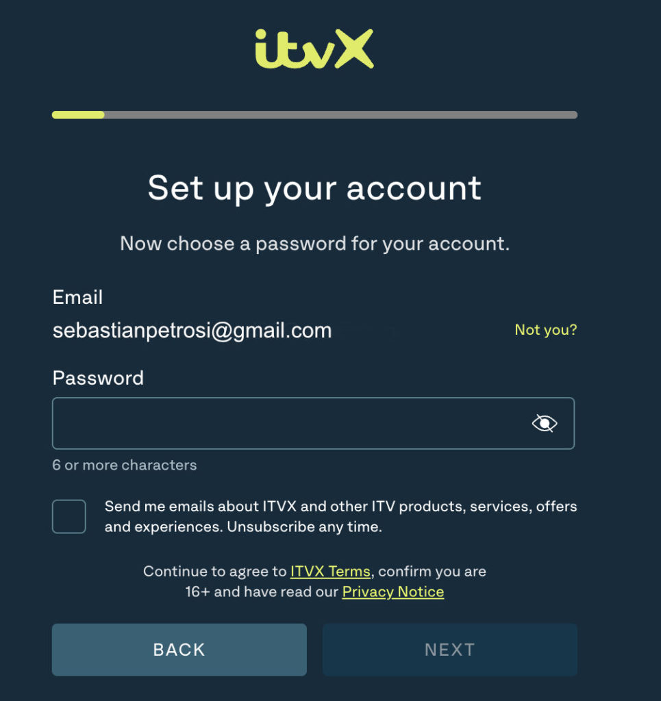 Creating a new password to sign up for ITVX