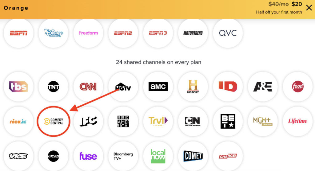 Sling TV Orange plan that offers Comedy Central
