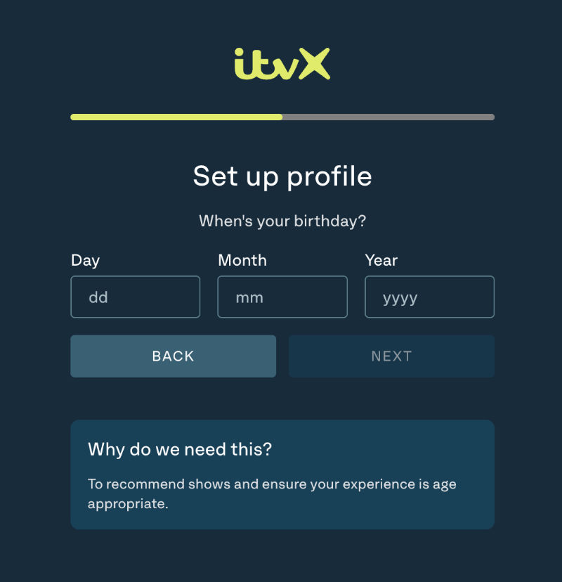 Entering date of birth to sign up and watch ITVX in Canada