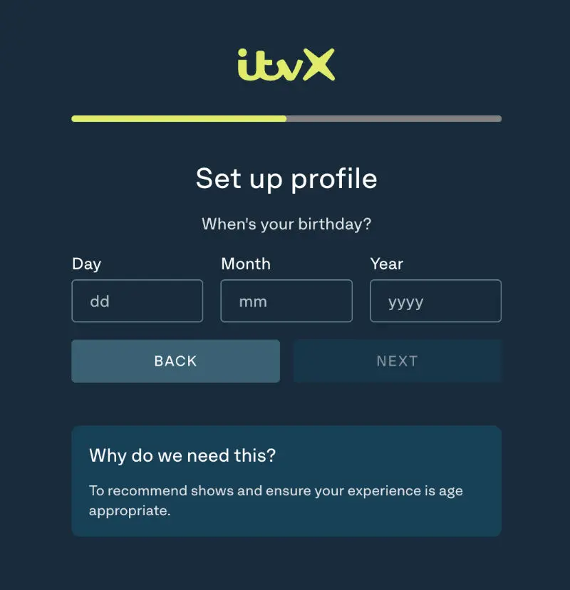 Entering date of birth to sign up and watch ITVX in Canada