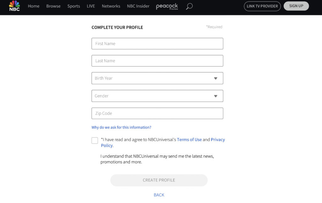 Signing up process to watch NBC in Canada