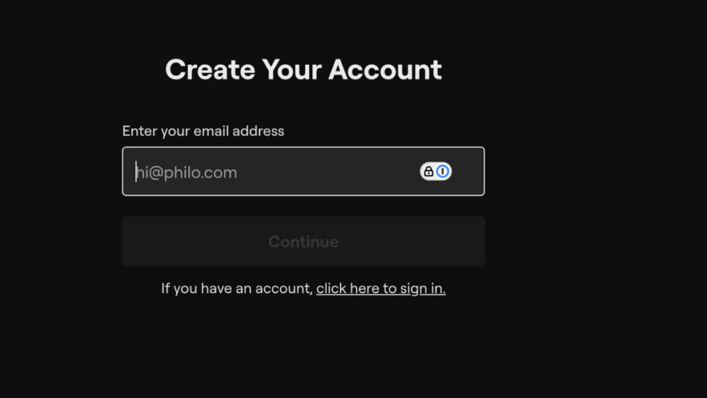 Entering email address to sign up for Philo TV