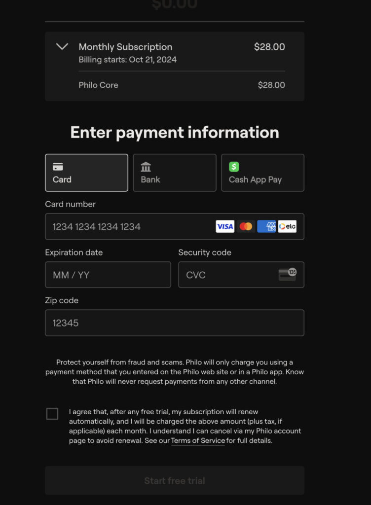 Entering the payment details to sign up for Philo 