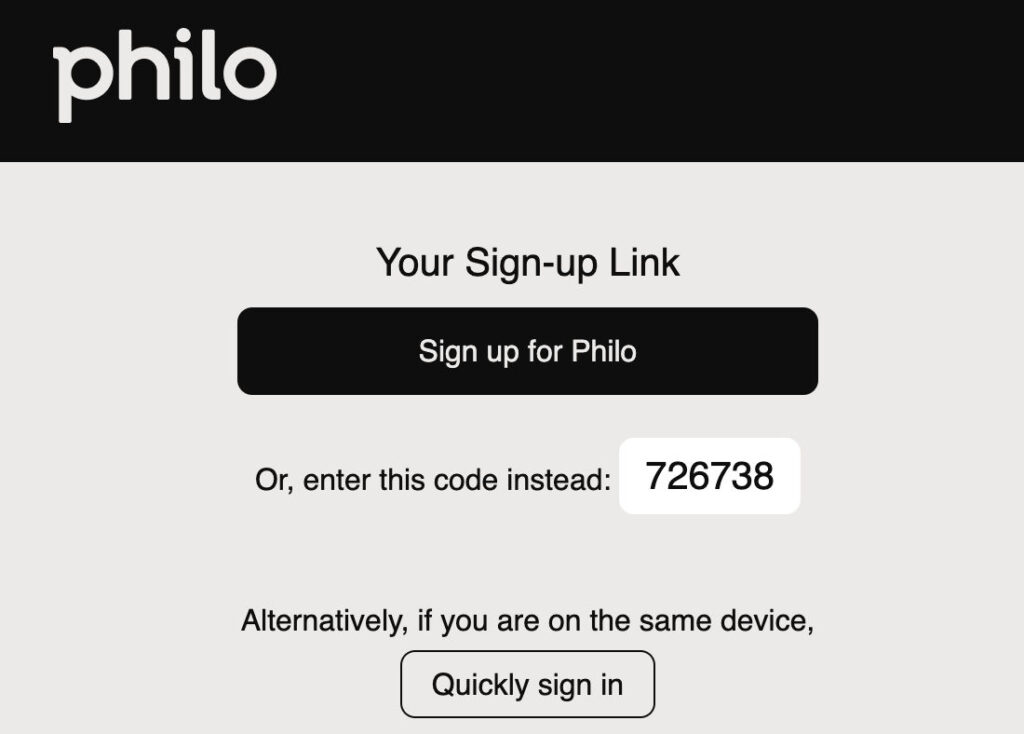 Verifying email address to sign up for Philo account