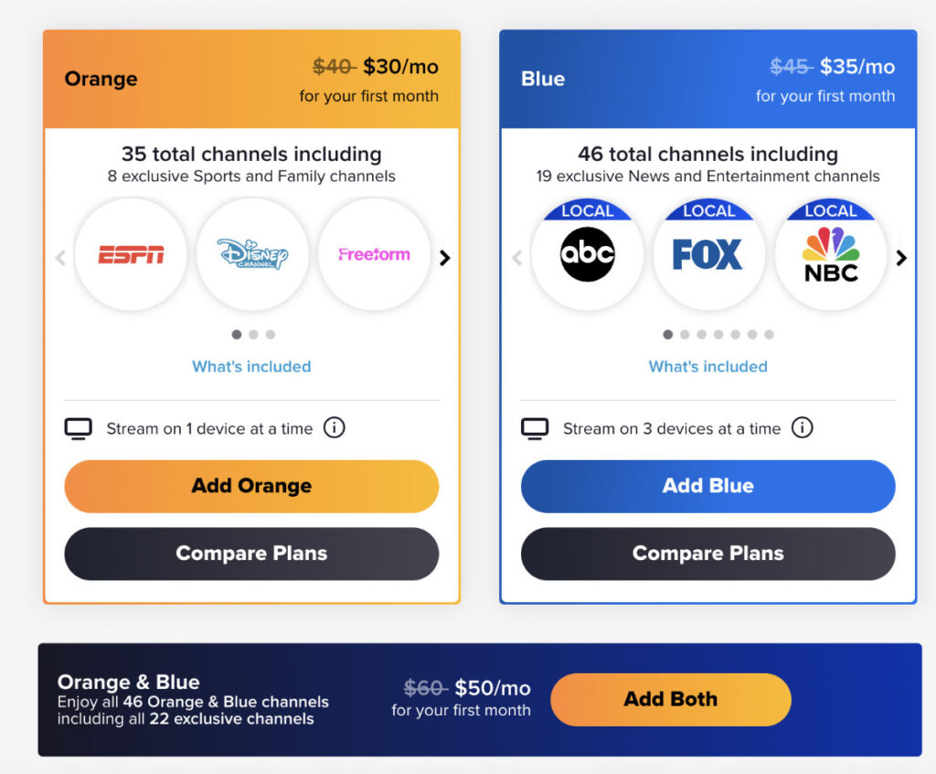 Sling TV plans, price and their comparision?