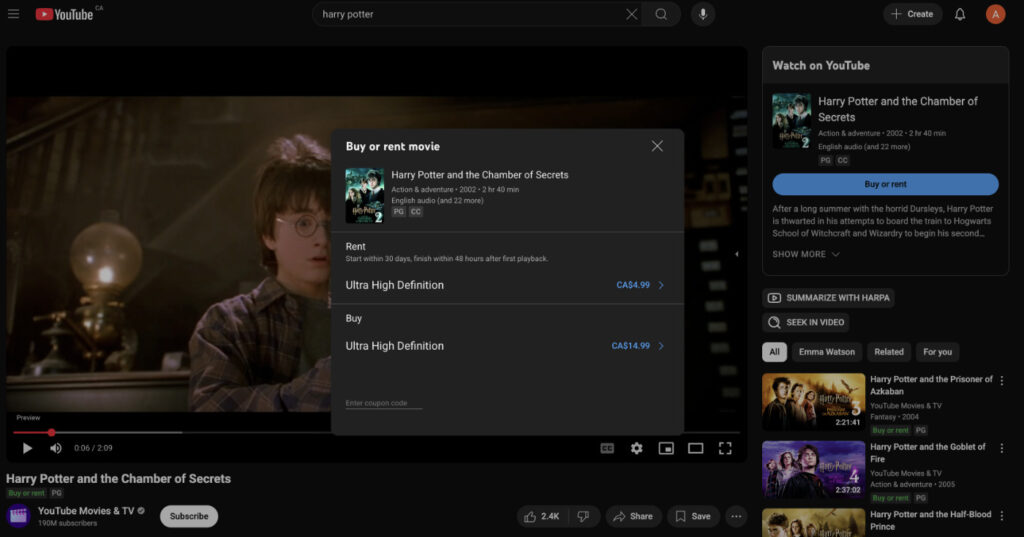 Watch Harry Potter Movies on YouTube Movies in Canada