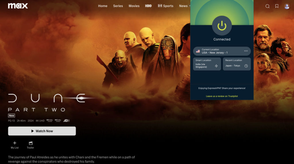 Watching Dune Part Two online on HBO Max