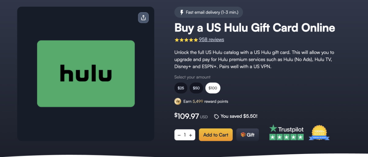 Use hulu gift card to pay for the subscription from canada