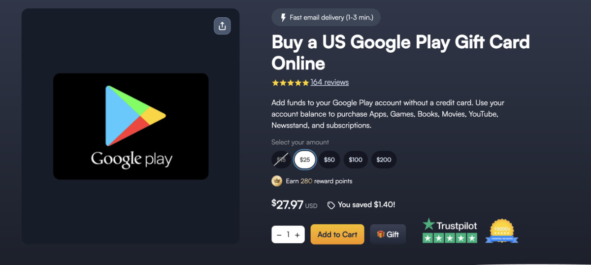 Purchase US Google Gift Card to pay for YouTube TV