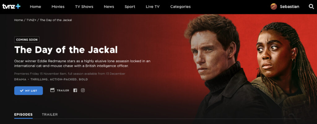 Watching The Day of the Jackal on TVNZ+ in Canada for free with the help of a VPN.