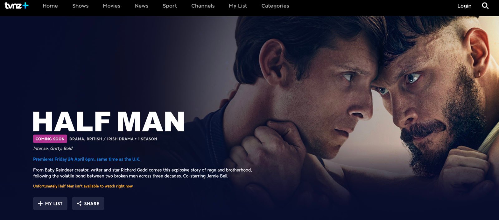 Watch Half Man on TVNZ+ or BBC iPlayer in Canada for free in Canada