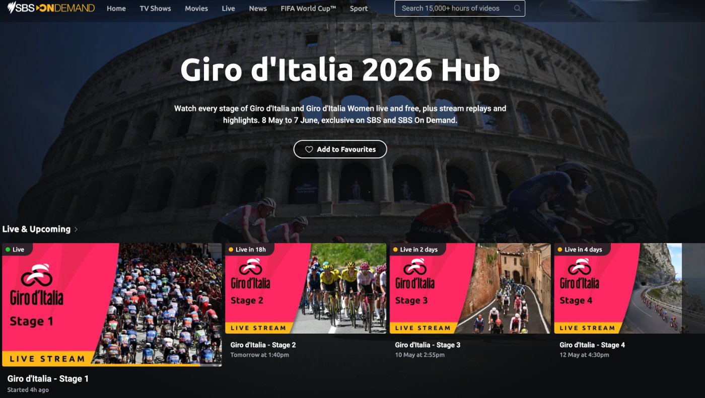 Watching live stream Giro d'Italia 2026 on SBS On Demand in Canada for free with a VPN